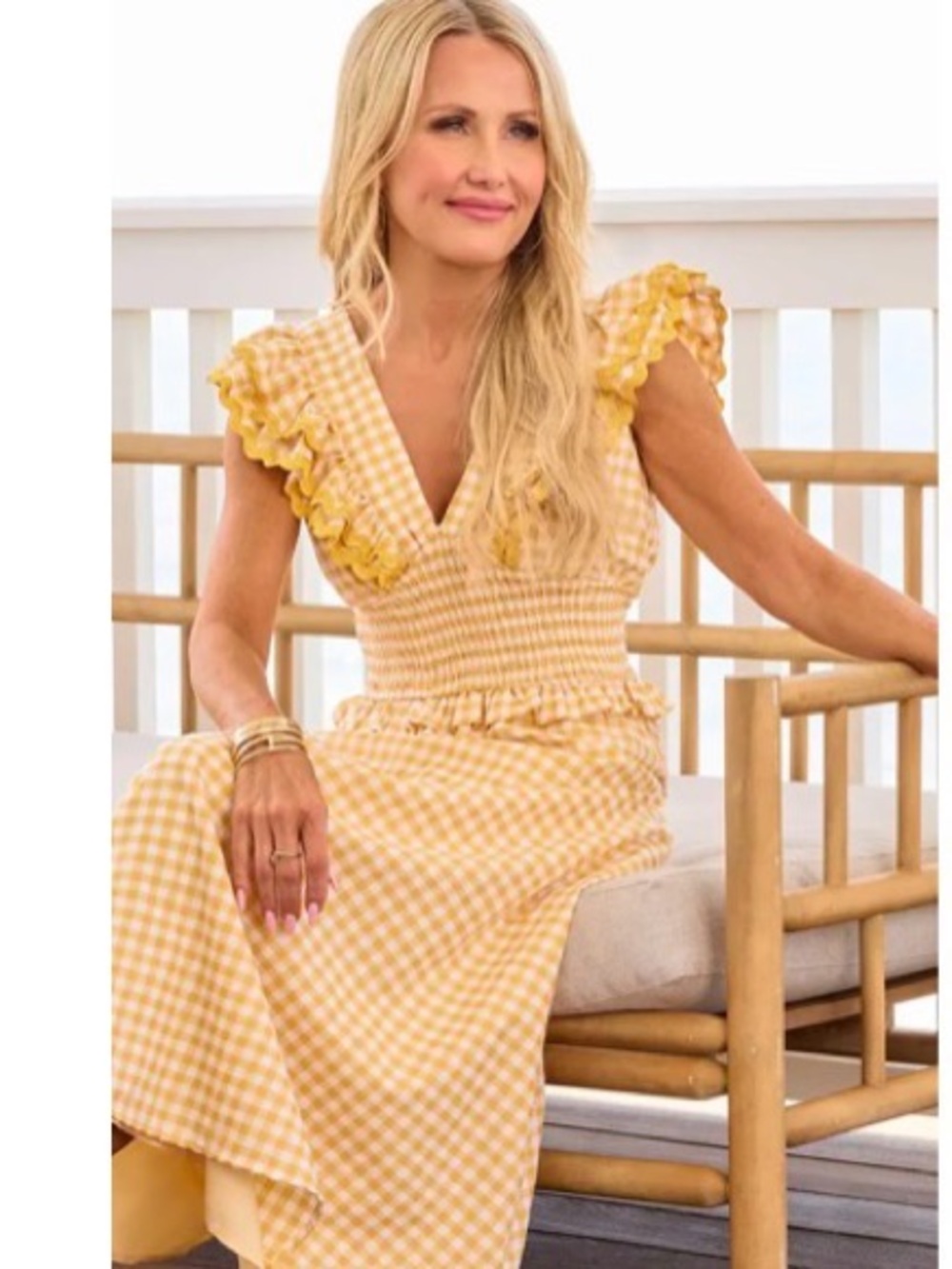 Smocked Yellow Gingham Maxi Dress with Ruffle Sleeves